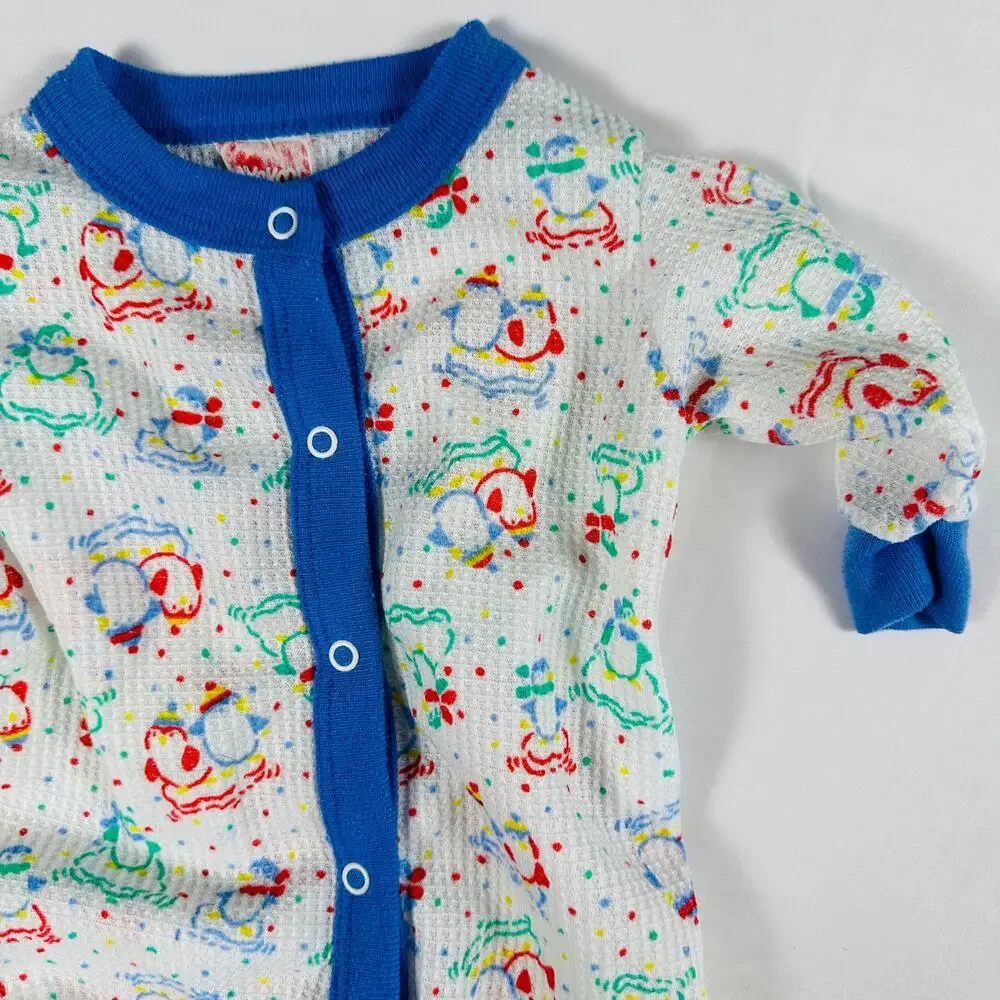 Vintage 1980s Playskool Baby Waffle Knit Winter Penguin Footie Pajamas Sz 6-9 mo